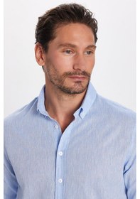 Resim Tudors Erkek Slim Fit Dar Kesim Uzun Kollu Keten Premium Seri Düğmeli Yaka Spor Mavi Gömlek-32818 Mavi 