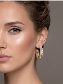 Resim İkili Yarım Halka Model Zirkon Taşlı Antialerjik Vip Halka Gold Renk Küpe Antialerjik Gold 