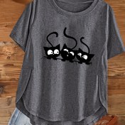 Resim Üç Komik Siyah Kedi Baskılı Yuvarlak Yaka Tişört - Yumuşak ve Nefes Alabilir Polyester, Kısa Kollu, Makinede Yıkanabilir, Kolay Bakım, Bol Kesim, Günlük Şık Tarz, Kadın Giyimi 