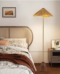 Resim Bowde Eskitme Ahşap Modern Hasır Şapkalı Bohem Lambader Kahverengi 