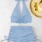 Resim Kadın Beyaz Bağlı Bikini Takımı - Yüksek Esneklikli Düz Renk, Bağcıklı Ön, Ribonlu Kumaş, Plaj ve Havuz için Mükemmel, Plaj Kıyafeti|Minimalist Bikini|Esnek Kumaş 