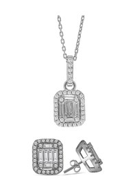 Resim Monemel Kristal Taşlı Gümüş Baget Kolye Ve Küpe Set Altın Kaplama N0899set Gümüş - Rodyum 
