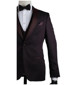 Resim İmza Bordo Desenli Armürlü Mono Yaka Astarlı Yelekli 6 Drop Slim Fit Dar Kesim Smokin Damatlık 1001200937-Bordo 