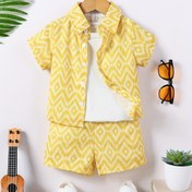 Resim Çekici Sarı Elmas Desenli Genç Erkek Çocuk Kıyafet Seti - Günlük Polyester Kısa Kollu Gömlek & Şort, Makinede Yıkanabilir, İlkbahar/Yaz Koleksiyonu, Genç Erkek Çocuk Giysileri, Dış Mekanlar İçin Mükemmel 