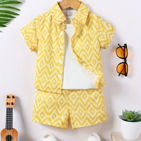Resim Çekici Sarı Elmas Desenli Genç Erkek Çocuk Kıyafet Seti - Günlük Polyester Kısa Kollu Gömlek & Şort, Makinede Yıkanabilir, İlkbahar/Yaz Koleksiyonu, Genç Erkek Çocuk Giysileri, Dış Mekanlar İçin Mükemmel 