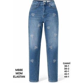 Resim Miss Poem Kadın Mavi Yüksek Bel Taş Detaylı Mom Fit Jean Pantolon 