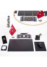 Resim Varta Deri Sümen Takımı Türk Bayraklı Ahşap Masa Isimlik 