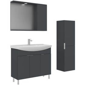 Resim Orka Purus 100 Cm Mat Antrasit Spot Aynalı Banyo Dolabı Takım Ve Boy Dolabı Ayaklı Antrasit 
