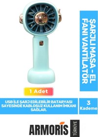 Resim Armoris Yeni Nesil Sessiz 3 Kademeli Kablosuz 1200mAh Pervaneli Taşınabilir Şarjlı Masa El Fanı Vantilatör 