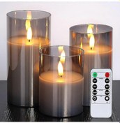 Resim Uzaktan Kumandalı Ve Zamanlayıcılı Cam Led Alevsiz Mumlar, Pil İle Çalışan Sütun Mum Seti + Gri Cam 