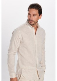 Resim Tudors Erkek Slim Fit Dar Kesim Uzun Kollu Keten Premium Seri Düğmeli Yaka Spor Bej Gömlek-32815 Bej 