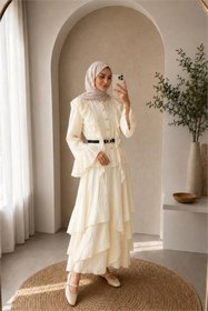 Resim Neşeli Butik kadın bej fırfır detaylı üst kat kat volanlı etek ikili tesettür takım ---NBVQ3159 