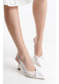 Resim Feles Saten Dantel Taş Detaylı Arkası Açık Stiletto Kadın Topuklu Ayakkabı Beyaz 