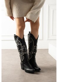 Resim Shoetek Lirna Kadın Kovboy Çizme&bot Farklı Kullanımlı Desenli Siyah Deri Siyah 
