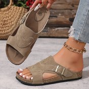 Resim Unisex Kork Kaydırak Sandaletler - Kalın Taban, Kaymaz, Dayanıklı Yazlık Plaj Ayakkabıları Ayarlanabilir Toka Kayışı ile Açık Burun Tasarımıyla İç ve Dış Mekan Kullanımı için, Kaymaz Ayakkabılar | Dekoratif Zincir Detayı | Kumaş Tabanlık, Askılı Sandaletler 