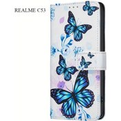 Resim Sunshine022 Realme C53 İçin Mavi Kelebek Desenli Sentetik Deri Modaya Uygun Basit Cüzdan Kılıf 