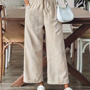 Resim Kadınlar için Vintage Old Money Tarzı Çizgili Geniş Paça Kemerli Düz Bacak Pantolon - Bej & Kahverengi Yatay Çizgiler, Ayarlanabilir İpli Elastik Bel, Makinede Yıkanabilir Her Mevsim Günlük Kullanım İçin Rahat Pantolon, Zamansız Şıklık, Saydam Olmayan Kumaş 