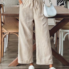 Resim Kadınlar için Vintage Old Money Tarzı Çizgili Geniş Paça Kemerli Düz Bacak Pantolon - Bej & Kahverengi Yatay Çizgiler, Ayarlanabilir İpli Elastik Bel, Makinede Yıkanabilir Her Mevsim Günlük Kullanım İçin Rahat Pantolon, Zamansız Şıklık, Saydam Olmayan Kumaş 