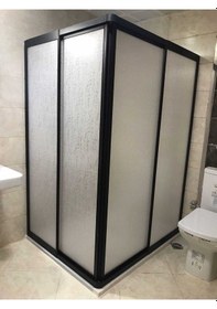 Resim Nokta Duşakabin 100 x 75 Teknesiz Mika Plastik Camlı Siyah Profilli Duşakabin Şeffaf 