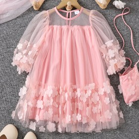 Resim Şık Pembe Tül Elbise Çiçek Nakışlı - Bol Kesim, Uzun Kollu, Volanlı Etek, Esnek Olmayan Polyester, Bahar ve Sonbahar için Mükemmel, Kız Elbisesi|Volanlı Etek Elbisesi|Polyester Elbise 