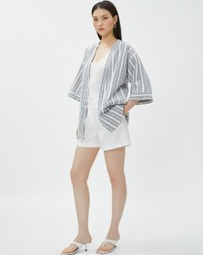 Resim Koton Oversize Keten Kimono Cepli Kısa Kollu Çizgili Multi Renkli 3sak50189uw 3SAK50189UWCSM Çok Renkli 
