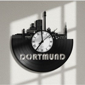 Resim Dortmund Şehir Silüeti Tasarımlı El Yapımı Plak Duvar Saati Siyah 