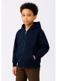 Resim Erkek Çocuk Kapüşonlu Kanguru Çepli Tam Fermuarlı Hırka Sweatshirt - Lacivert Çok Renkli 