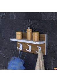 Resim Modilayn Kedi Serisi 3 Lü Banyo Askısı Seti: 41,4x18 Cm, 9 Kancalı Raflı Düzenleyici Beyaz 