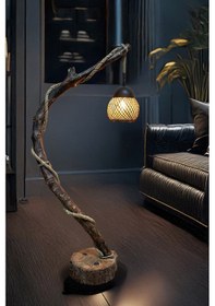 Resim Doğal Ağaç Ayaklı Lambader Ahşap El Yapımı Rustik İskandinav Model Modern Eskitme Avize Aydınlatma 