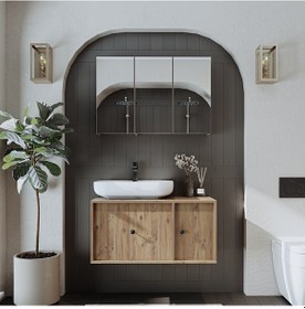 Resim Oval Lavabolu Mat Mdf 90 Cm Çekmeceli Dolap + Aynalı Dlp Atl Atlantik Çam 