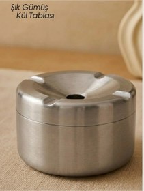 Resim Mucit Home Gümüş Kapaklı Kokusuz Paslanmaz Metal Küllük Modern Ve Şık Tasarım 