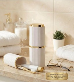 Resim 3b Trend Gold Detaylı Premium Diş Fırçalık Aksesuar Taşıma Kutusu Gözlük Diş Fırçası Diş Macunu Kabı Beyaz 