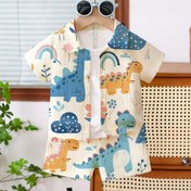 Resim Bebek Erkekler için 2 adet Dinozor Baskılı Kısa Kollu Gömlek ve Şort Takımı - Güneş ve Bulut Tasarımı ile Renkli Desenli, Polyester Kumaş, Plaj ve Tatil için Mükemmel, Tatil Kıyafeti|Oyunca Baskı|Polyester Kumaş, Bebek Giysileri, Dış Mekan için 