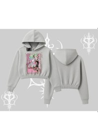 Resim Kapşonlu Crop Sweatshirt Anime Kawaii Japon Kız Desenli Gri 