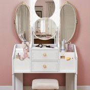 Resim Modern Vanity Masa 4 Depolama Tüplü, 2 Çekmeceli & Yuvarlak Aynalı - Beyaz Plastik Makyaj Organizatörü, Kompakt 68.58cm Yükseklik, 3.2 Cu Ft Depolama Alanı, Kolay Montaj, Elektriksiz Yatak Odası, Banyo veya Tuvalet Masası için, Vanity Masa, Banyo Düzenleyici, Çağdaş Tasarım, Dayanıklı Yapı, Ev Organizatörleri 