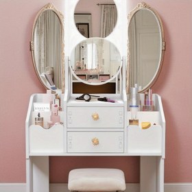 Resim Modern Vanity Masa 4 Depolama Tüplü, 2 Çekmeceli & Yuvarlak Aynalı - Beyaz Plastik Makyaj Organizatörü, Kompakt 68.58cm Yükseklik, 3.2 Cu Ft Depolama Alanı, Kolay Montaj, Elektriksiz Yatak Odası, Banyo veya Tuvalet Masası için, Vanity Masa, Banyo Düzenleyici, Çağdaş Tasarım, Dayanıklı Yapı, Ev Organizatörleri 