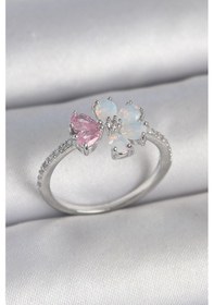 Resim Pirinç Gümüş Renk Beyaz Mineli Pembe Zirkon Taşlı Çiçek Model Kadın Yüzük Pembe 