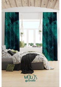 Resim Yeşil Lacivert Desenli Süet Oturma Odası, Salon Fon Perde Baskılı Ekstrafor Büzgü 2 Kanat Prd-1001 Çok Renkli 