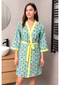 Resim Baskılı Müslin Kimono Bornoz Unisex %100 Pamuk Yumuşacık 2 Katlı Doğal Kumaş - Ztmbb10 Sarı 