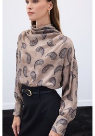 Resim Sateen Degaje Yaka Desenli Bluz - Vizon-136574 Vizon 