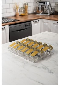 Resim 12'li Şeffaf Kristal Plexi Standlı Cam Baharatlık Seti Gold Kapaklı Etiketli Baharatlık Mh03gld12 Gold - Şeffaf 