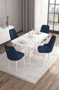 Resim Canisa Are Serisi 80x132 Mdf Açılabilir Beyaz Mermer Desen Masa Takımı Ve 4 Lacivert Sandalye 