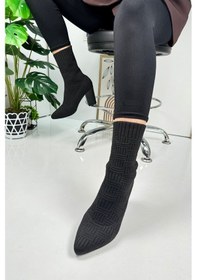 Resim Günlük Kadın Bot Yüksek Kalın Topuklu Triko Esnek Sivri Burunlu Tırtıklı Taban Rahat Bootie 168 Siyah 