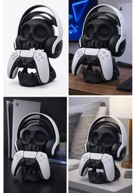 Resim Playstation Uyumlu Kafatası Oyun Kolu Ve Kulaklık Standı Duvara Monte Ps4 / Ps5 Gaming Aksesuar 