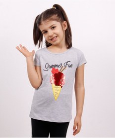 Resim Toontoy Kids Toontoy Kız Çocuk Dondurma Baskılı Tişört Gri Melanj 