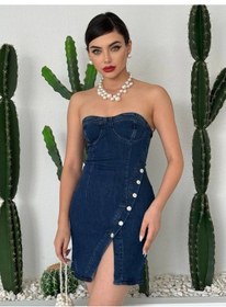 Resim Defymoda Nerg Düğme Detaylı Elbise Koyu Mavi 