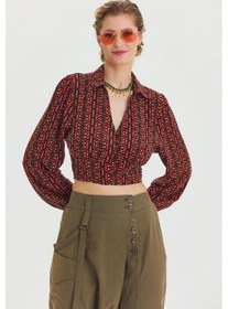 Resim Los Banditos Gömlek Yaka Düğme Detaylı Crop Bluz Desenli 