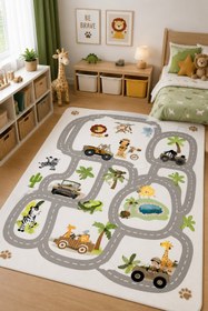Resim NORELLAHOME NORELLA HOME Safari Yolu Çocuk Halısı Kaymaz Taban Yıkanabilir Oyun Halısı 