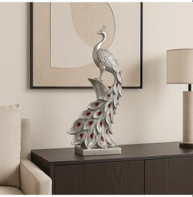 Resim Gümüş Kristal Kuyruklu Tavuskuşu Dekor Heykel 50x22 Cm 