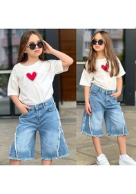Resim Ay Kids Kız Çocuk Kalp Baskılı Oversize Tişört & Bol Paça Jean Kapri Kombin Takım 2689m Mavi 